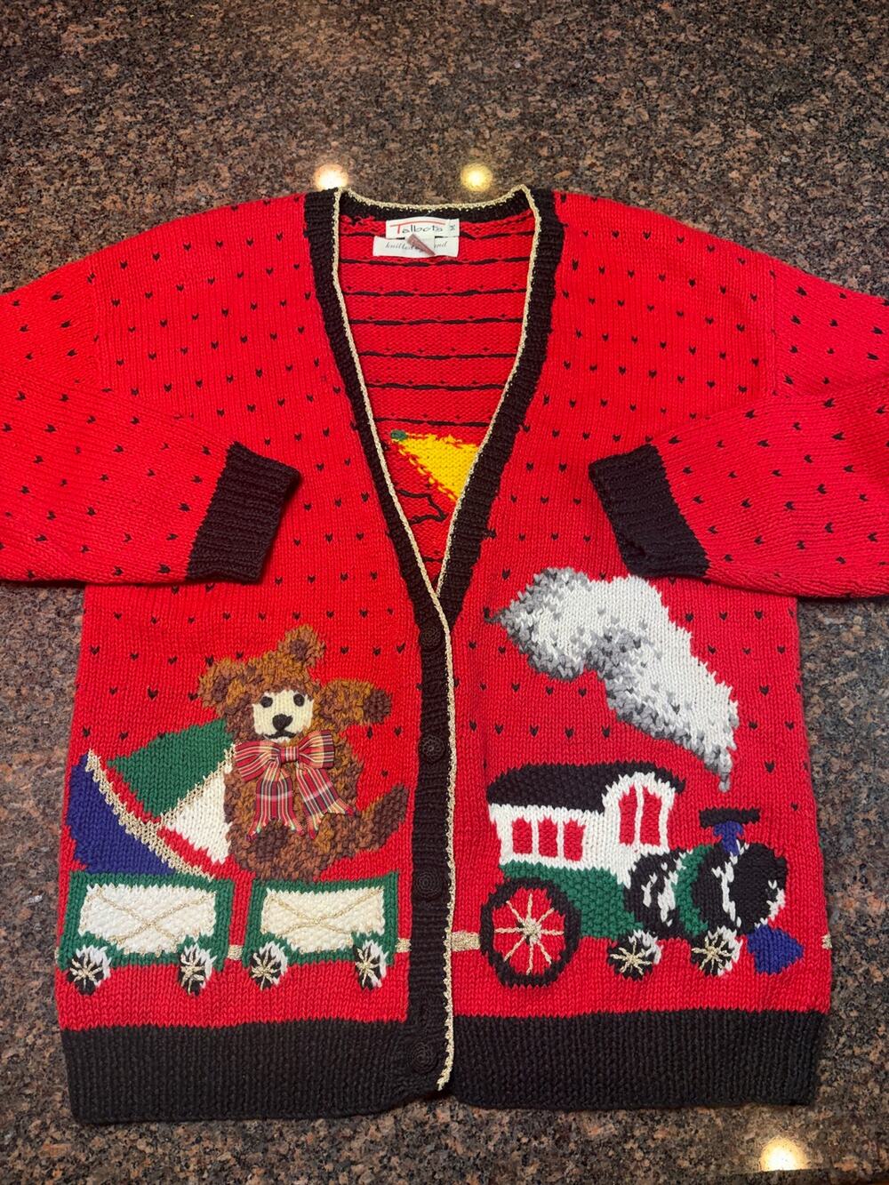 Vintage 90's Talbots Christmas Cardigan Sweater M Red Teddy Bear Train Holiday